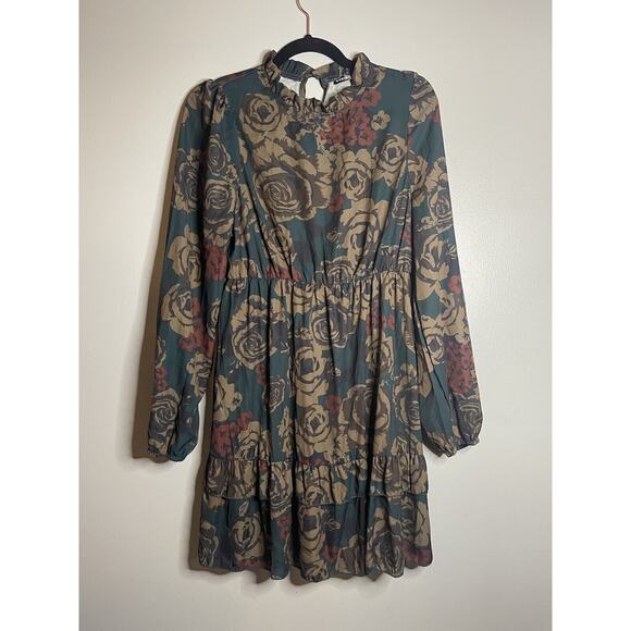 Floral Dress Mock Neck Lantern Sleeve Ruffle Hem Floral Dress Size Large - Picture 2 of 7